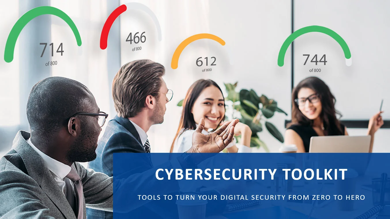 blog4toolkit Image depicts four people in a meeting with various numbers above their heads indicating their vulnerability to cyber attacks and their need to invest in a Cybersecurity Toolkit