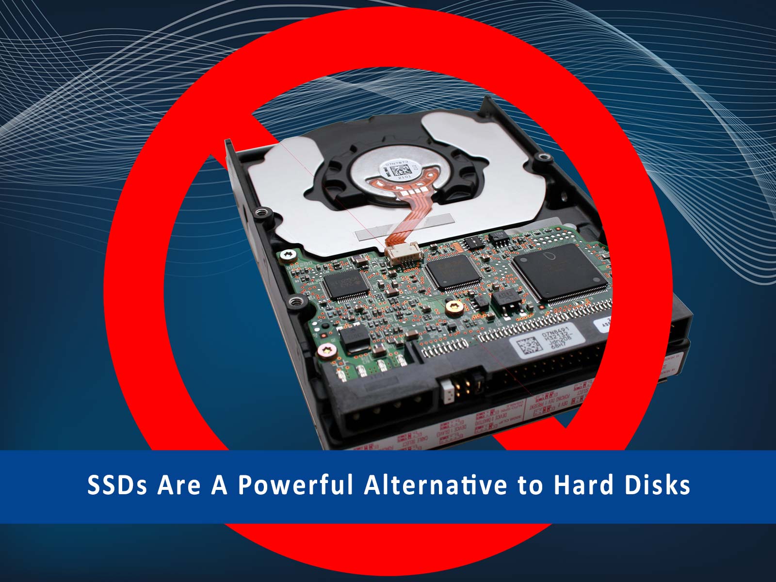 SSDs A picture of a solid state drive (SSD) with a red ban symbol over it, highlighting the post describing how ssds can improve the performance of PCs.